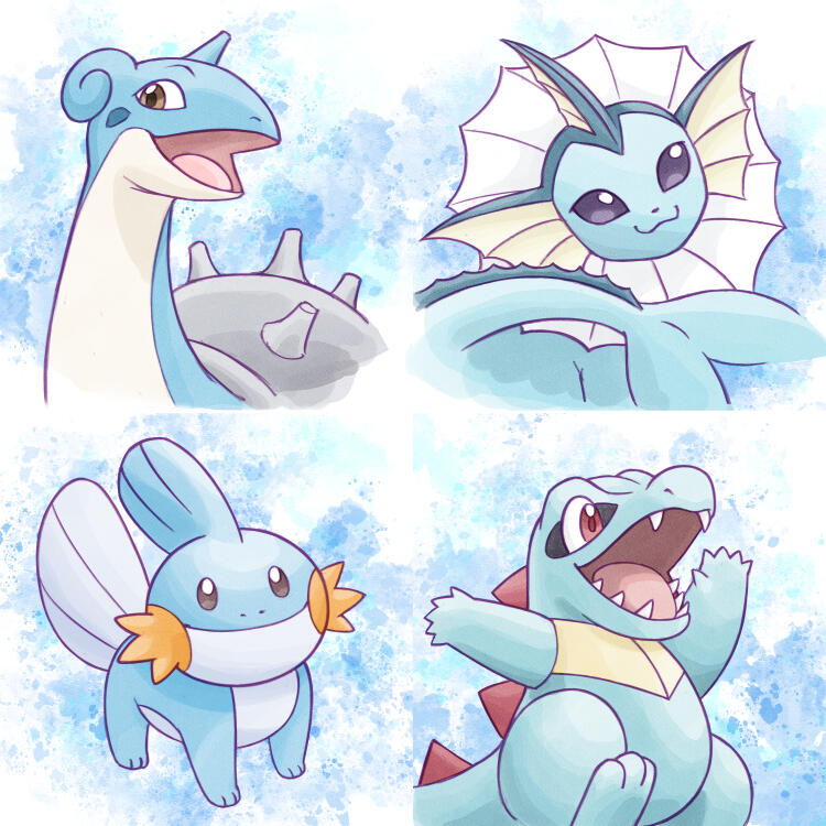 O1 - Lapras, O2 - Vaporeon, O3 - Mudkip, O4 - Totodile, available in small