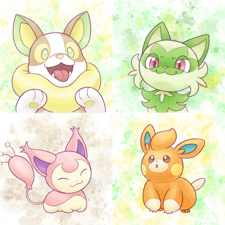O13 - Yamper, O14 - Sprigatito, O15 - Skitty, O16 - Pawmi, available in small