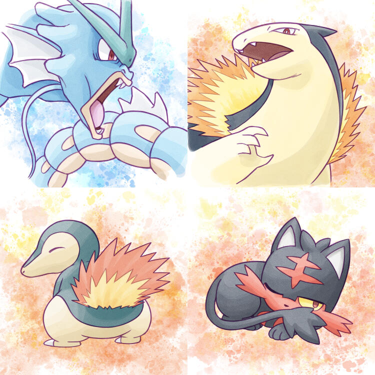 O5 - Gyarados, O6 - Typhlosion, O7 - Cyndaquill, O8 - Litten, available in small
