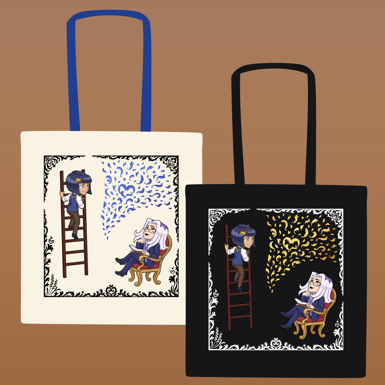 LibraryAU 1. beige bag with duo black and blue-purple chrome vinyl 2. black bag with duo white and gold foil vinyl
