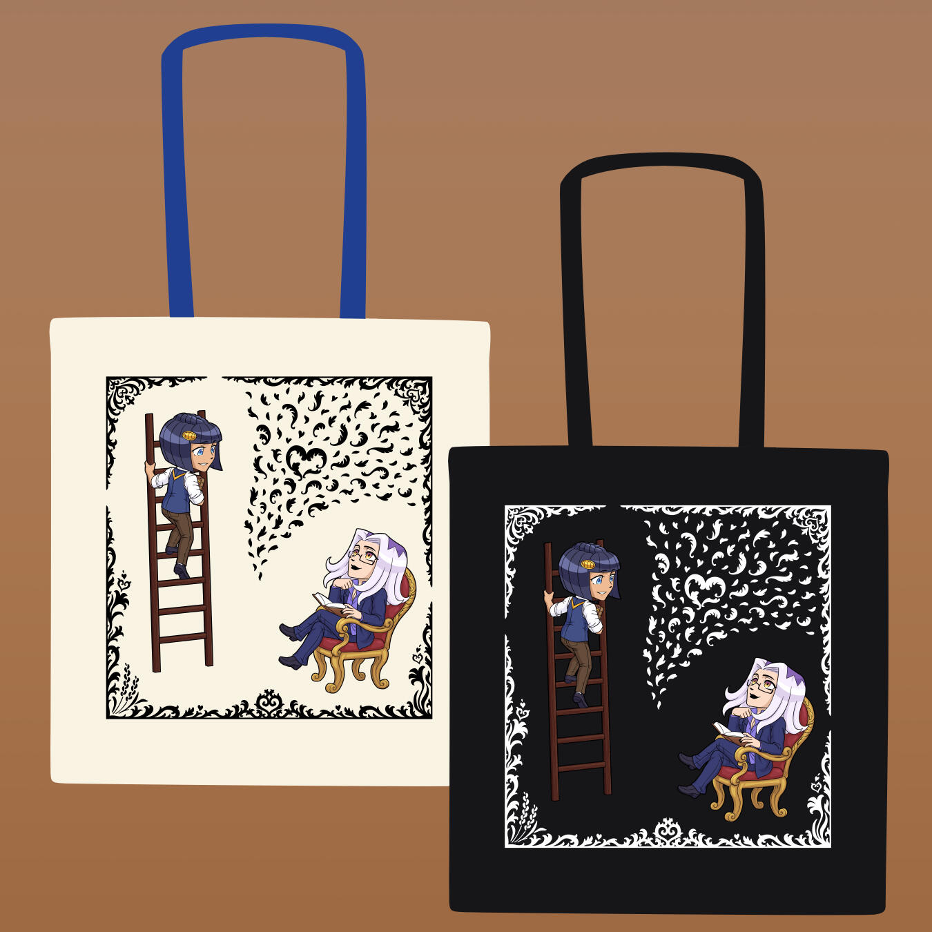 LibraryAU 1. beige bag with black vinyl 2. black bag with white vinyl