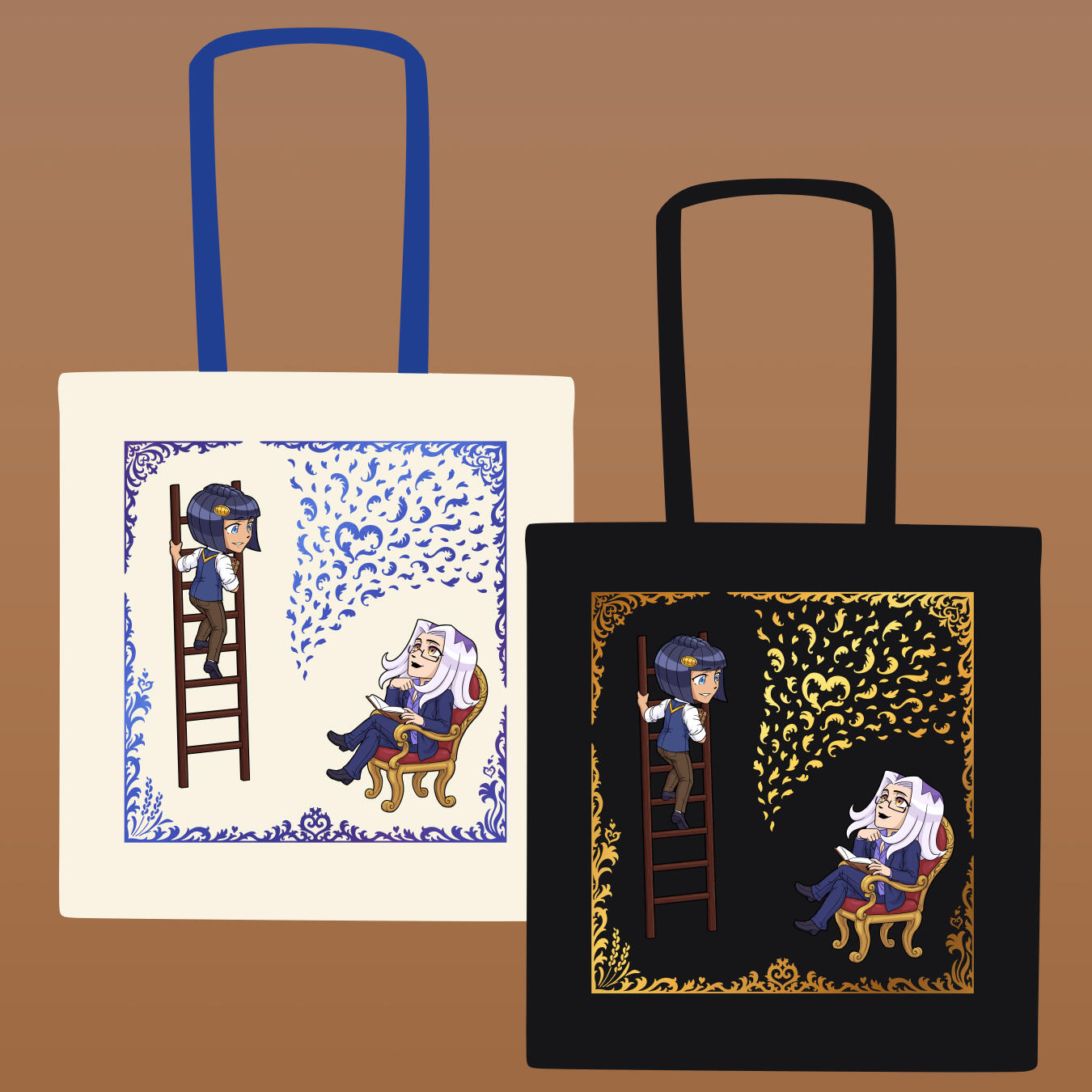 LibraryAU 1. beige bag with blue-purple chrome vinyl 2. black bag with gold foil vinyl